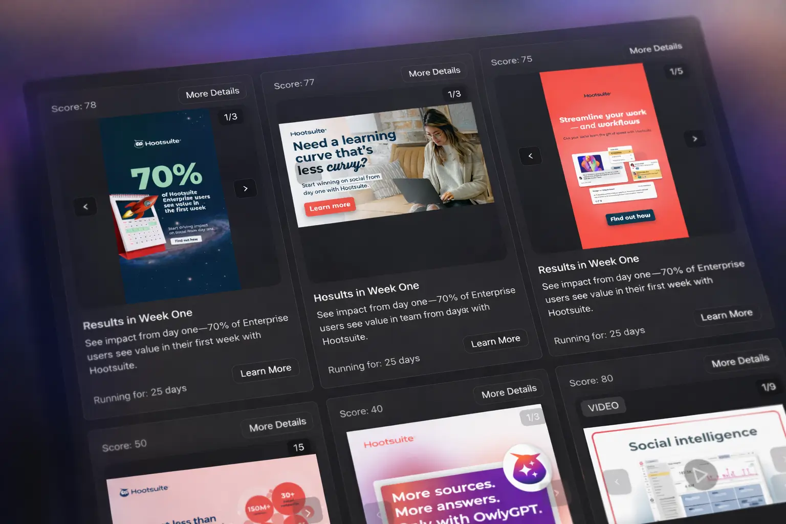 Active competitor ads with creative, copy, and run time in Simplified Competitive Analytics