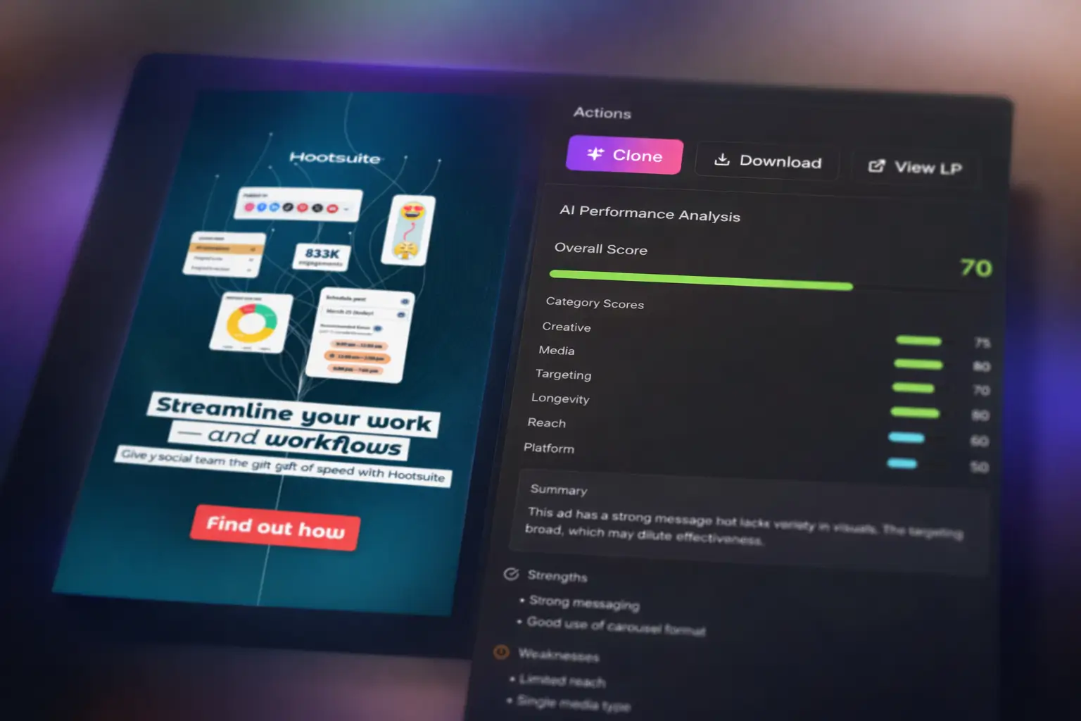 A competitor ad scored by AI analysis with strengths and weaknesses in Simplified